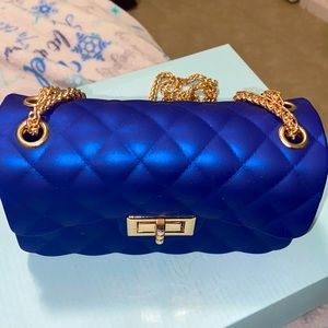 Blue Hand Bag Purse with Gold chain Strap